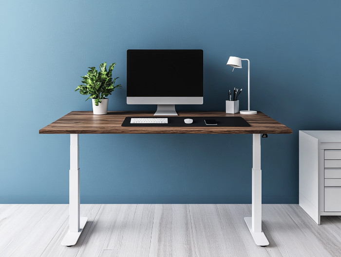 blue wall with desk